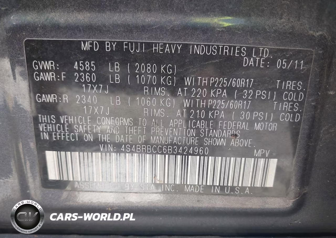 2011 Subaru Outback 2.5I Premium VIN:4S4BRBCC6B3424960 - 9