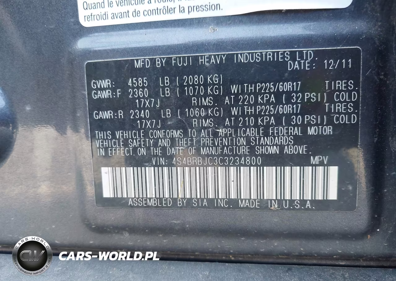 2012 Subaru Outback 2.5I Limited VIN:4S4BRBJC3C3234800 - 9