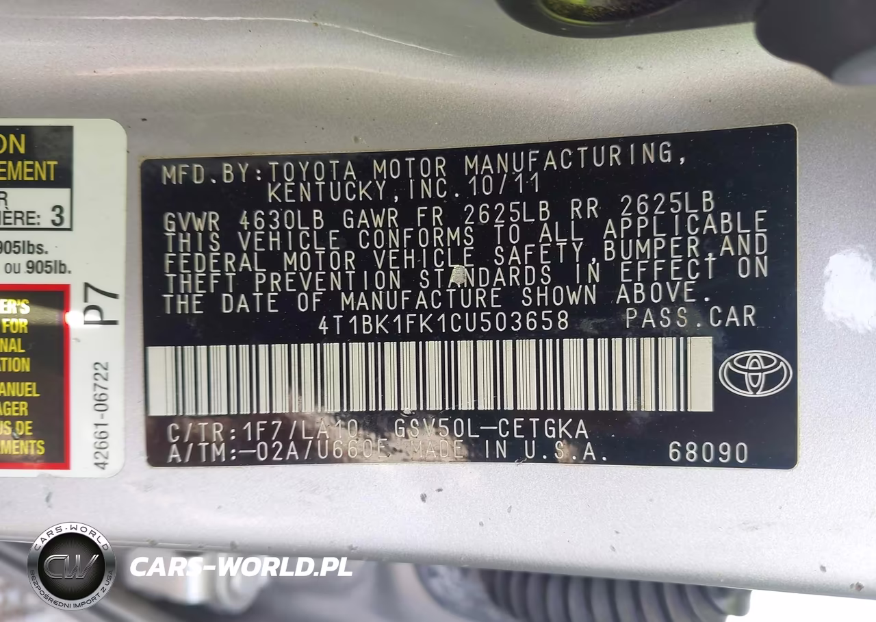 2012 Toyota Camry Xle V6 VIN:4T1BK1FK1CU503658 - 9