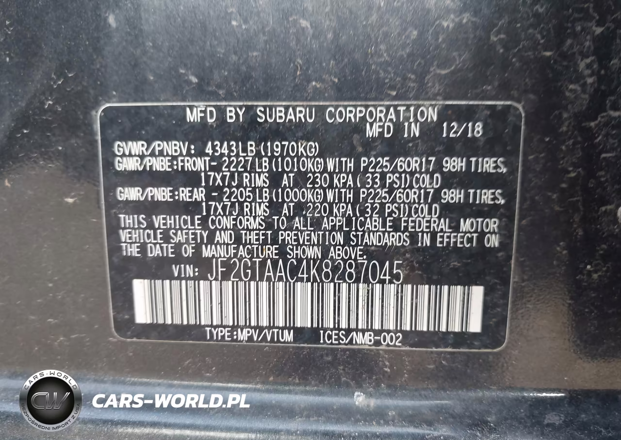 2019 Subaru Crosstrek 2.0I VIN:JF2GTAAC4K8287045 - 9
