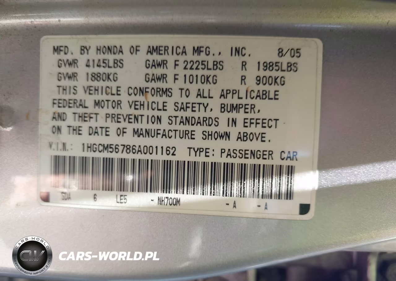 2006 Honda Accord 2.4 Ex VIN:1HGCM56786A001162 - 9