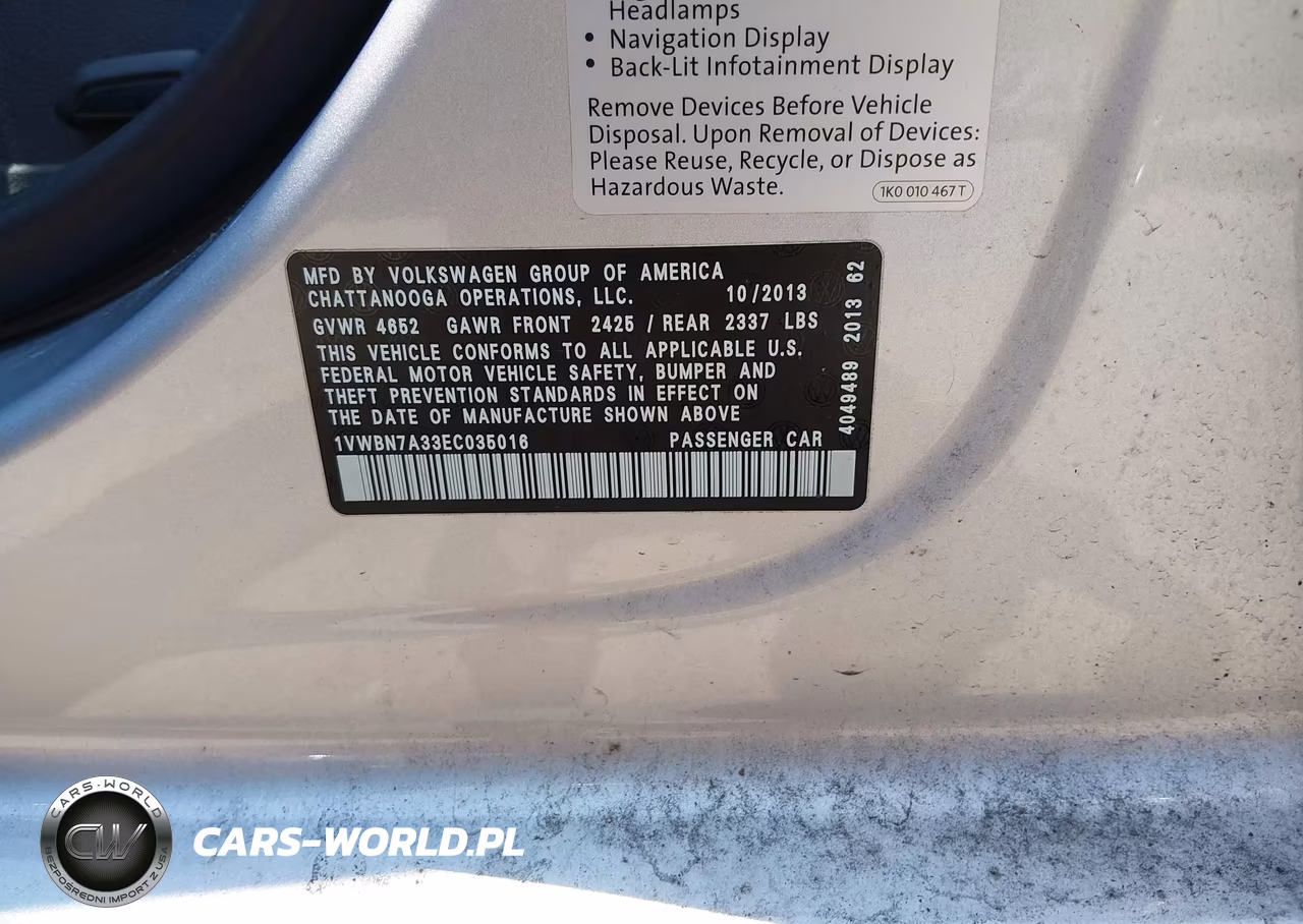 2014 Volkswagen Passat 2.0L Tdi Se VIN:1VWBN7A33EC035016 - 9