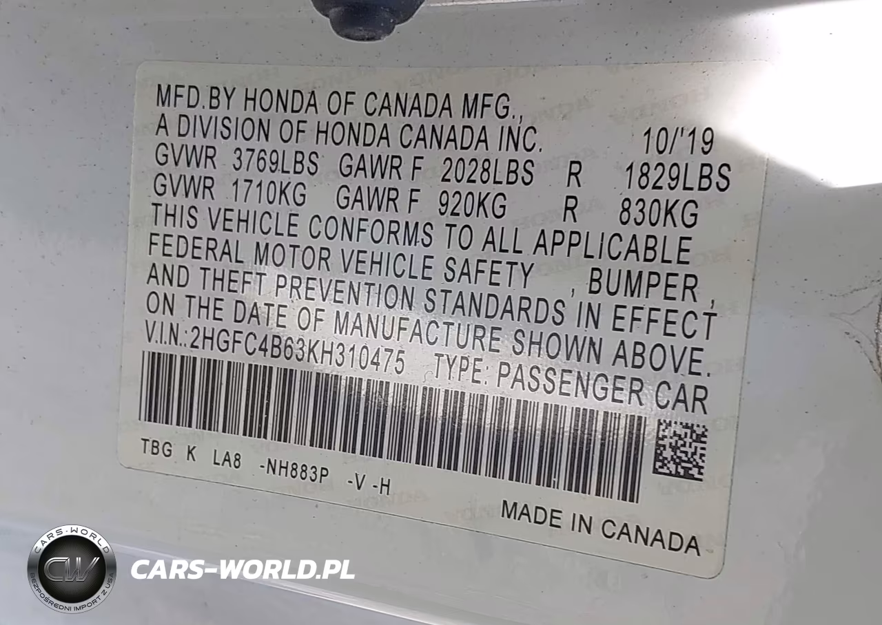 2019 Honda Civic Lx VIN:2HGFC4B63KH310475 - 9