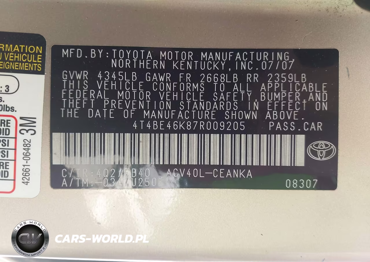 2007 Toyota Camry Ce VIN:4T4BE46K87R009205 - 9