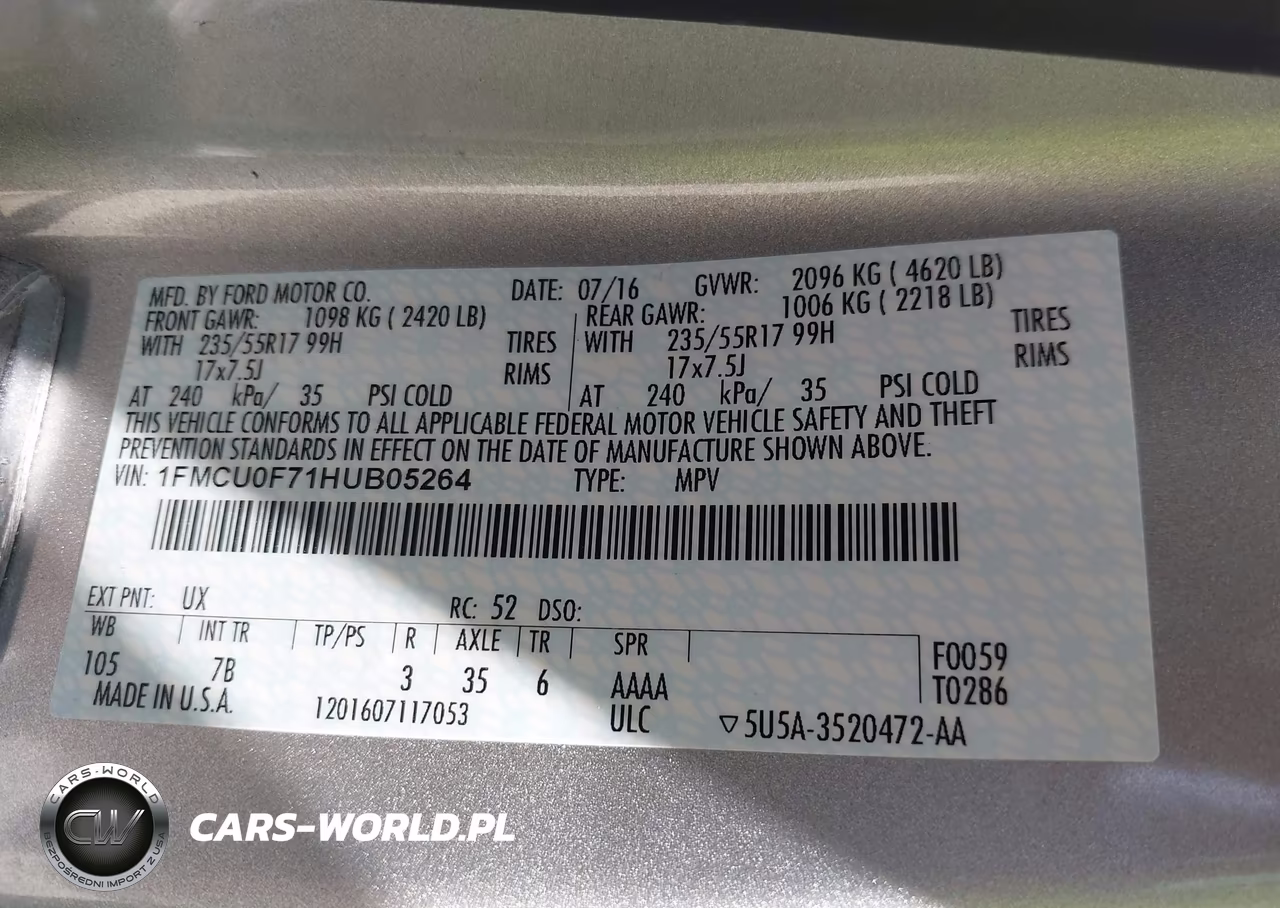 2017 Ford Escape S VIN:1FMCU0F71HUB05264 - 9