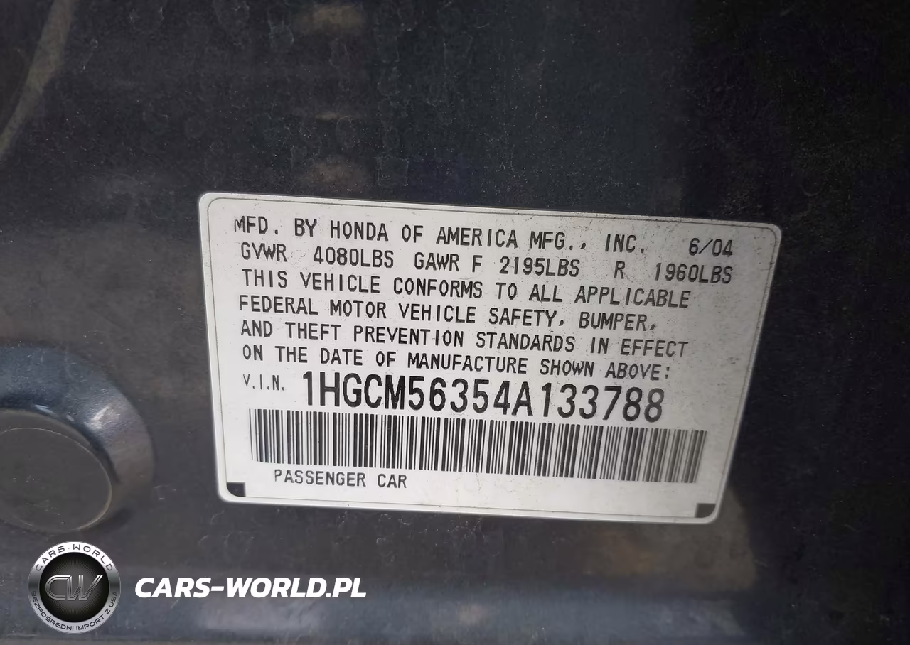 2004 Honda Accord 2.4 Lx VIN:1HGCM56354A133788 - 9