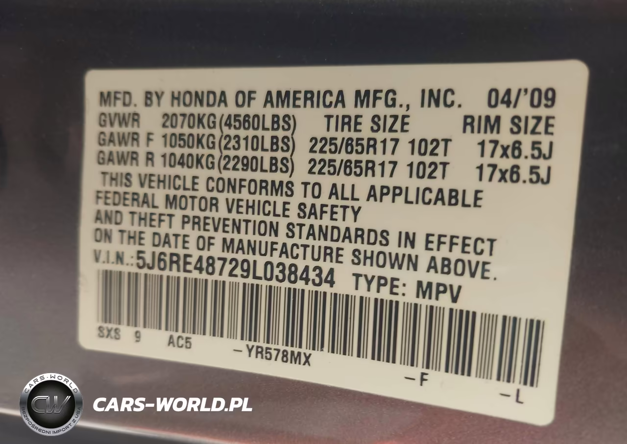 2009 Honda Cr-V Ex-L VIN:5J6RE48729L038434 - 9