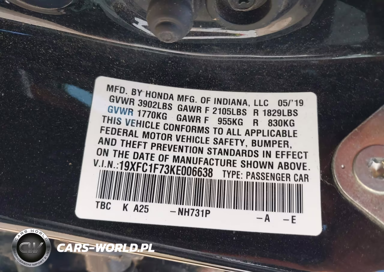 2019 Honda Civic Ex-L VIN:19XFC1F73KE006638 - 9
