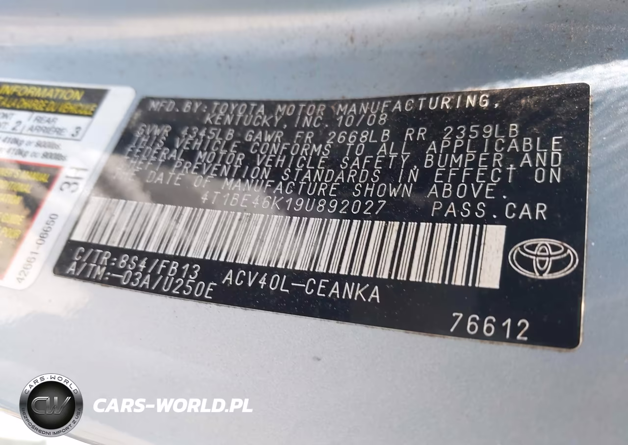 2009 Toyota Camry Le VIN:4T1BE46K19U892027 - 9