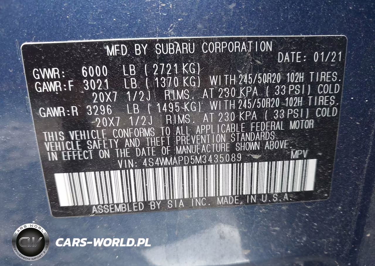 2021 Subaru Ascent Limited VIN:4S4WMAPD5M3435089 - 9