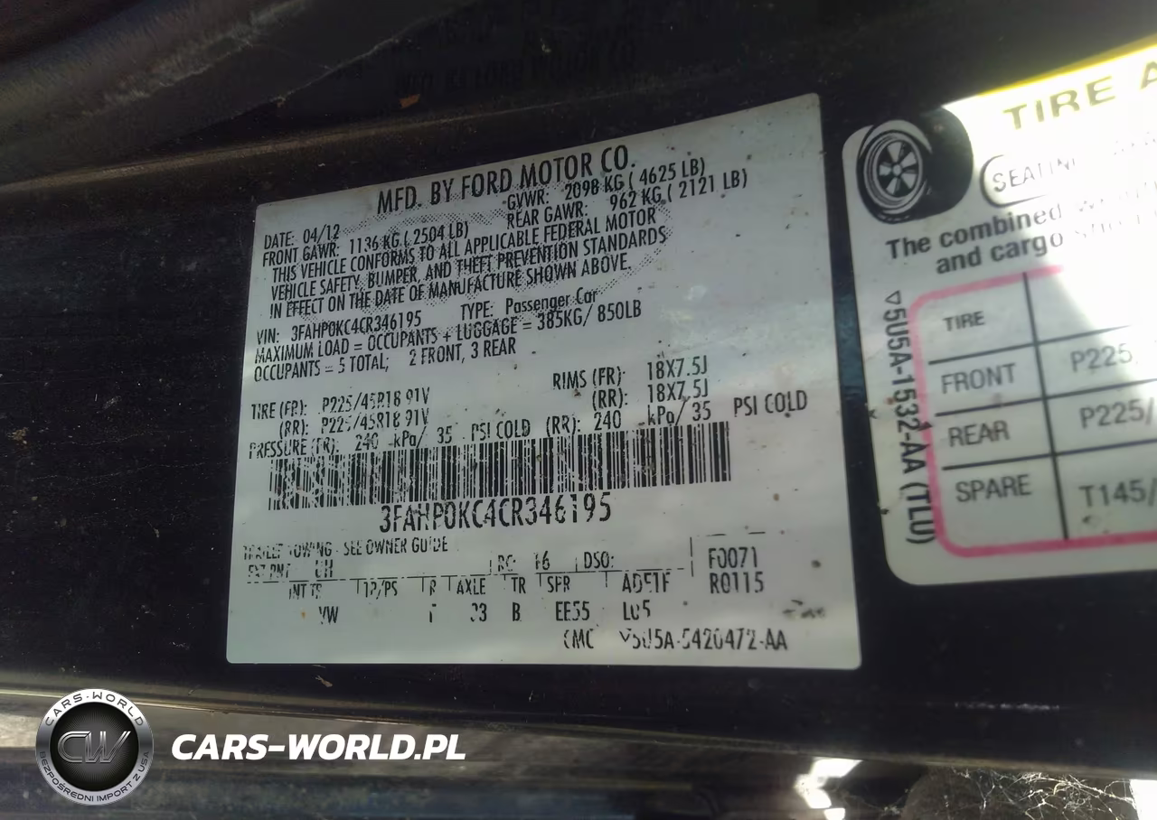 2012 Ford Fusion Sport VIN:3FAHP0KC4CR346195 - 9