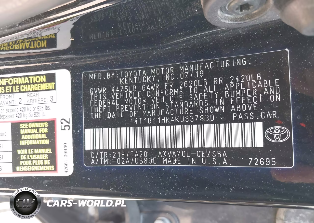 2019 Toyota Camry Se VIN:4T1B11HK4KU837830 - 9