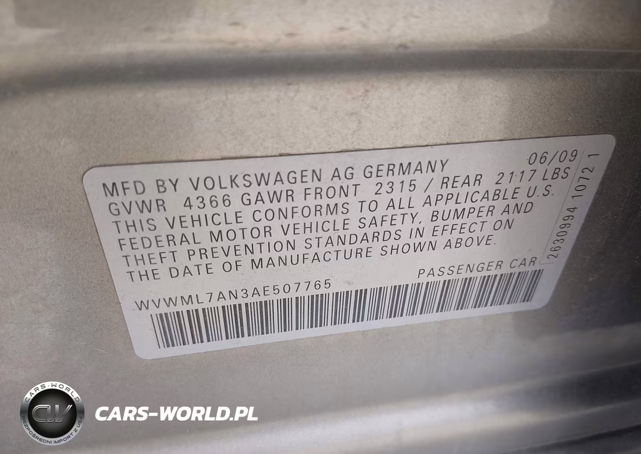 2010 Volkswagen Cc Sport VIN:WVWML7AN3AE507765 - 9