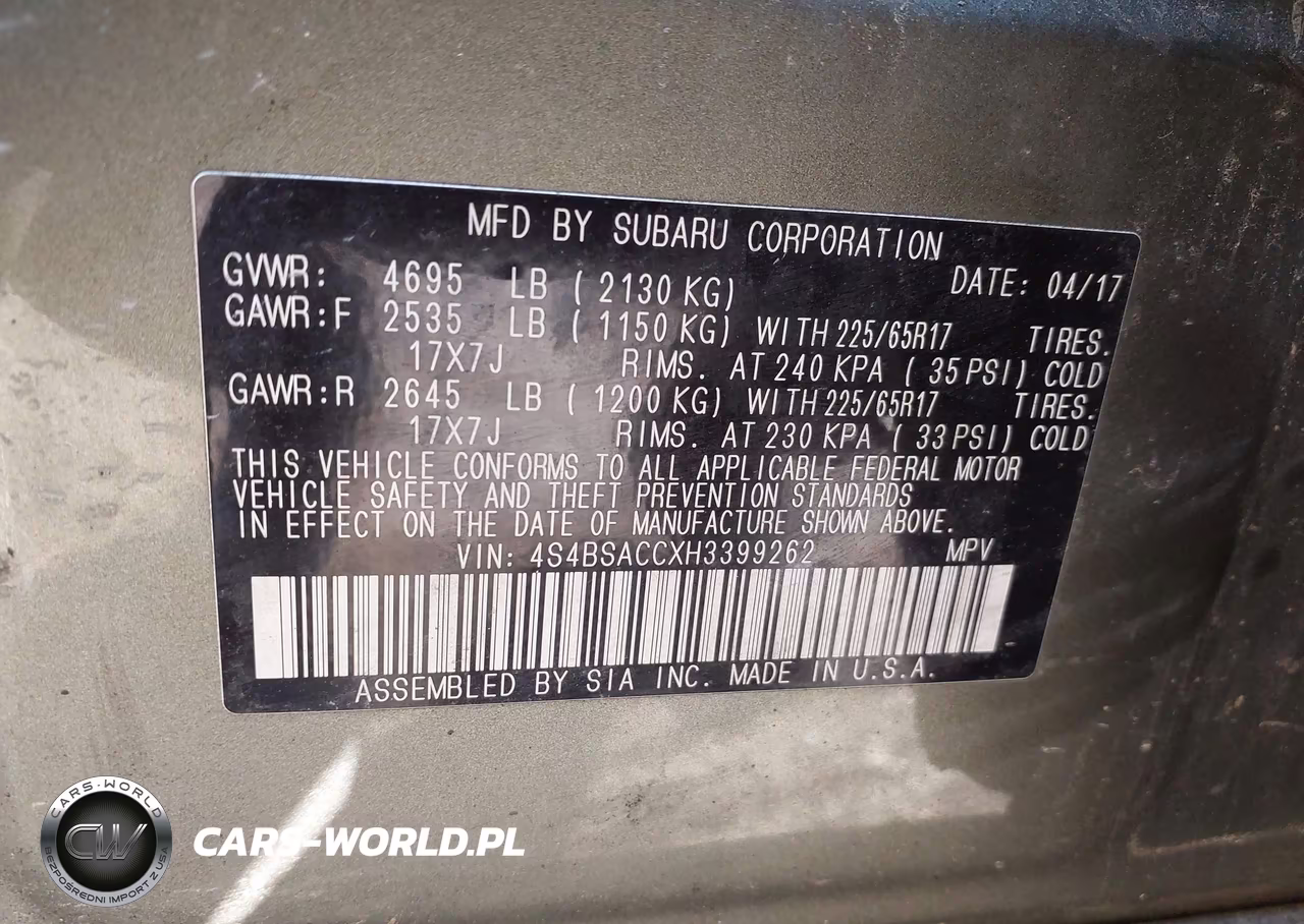 2017 Subaru Outback 2.5I Premium VIN:4S4BSACCXH3399262 - 9
