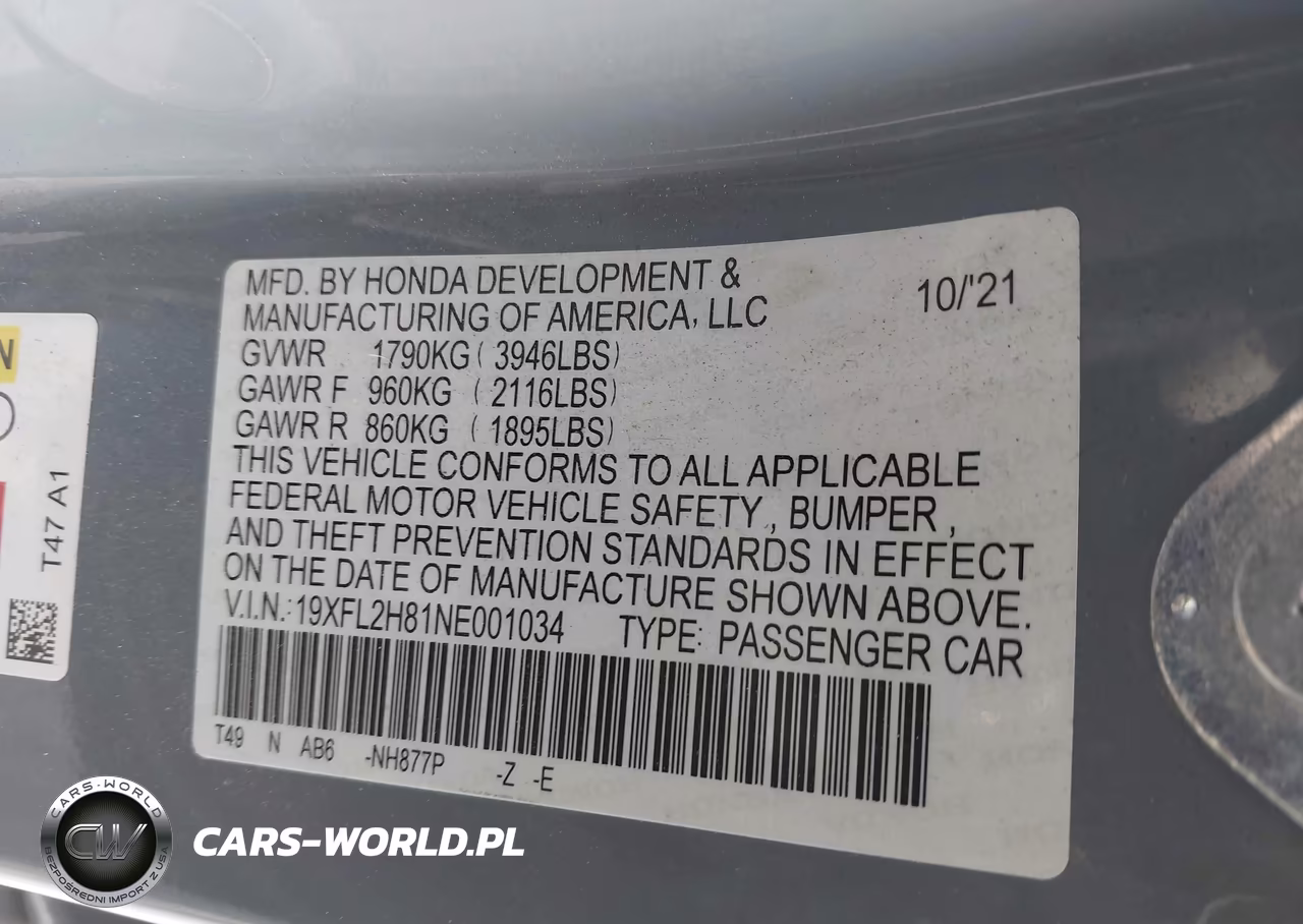 2022 Honda Civic Sport VIN:19XFL2H81NE001034 - 9