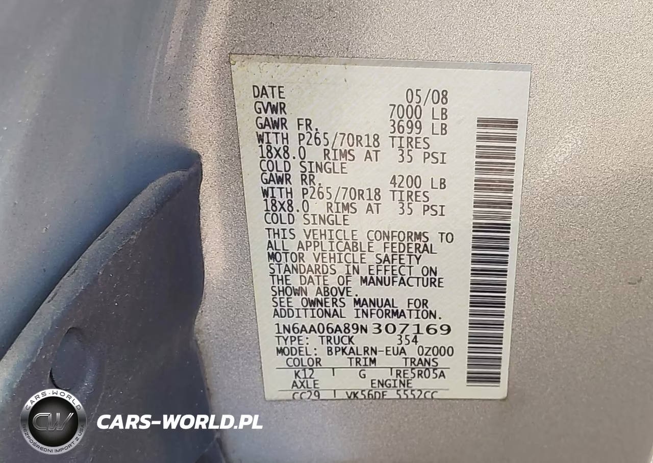 2009 Nissan Titan Xe VIN:1N6AA06A89N307169 - 9