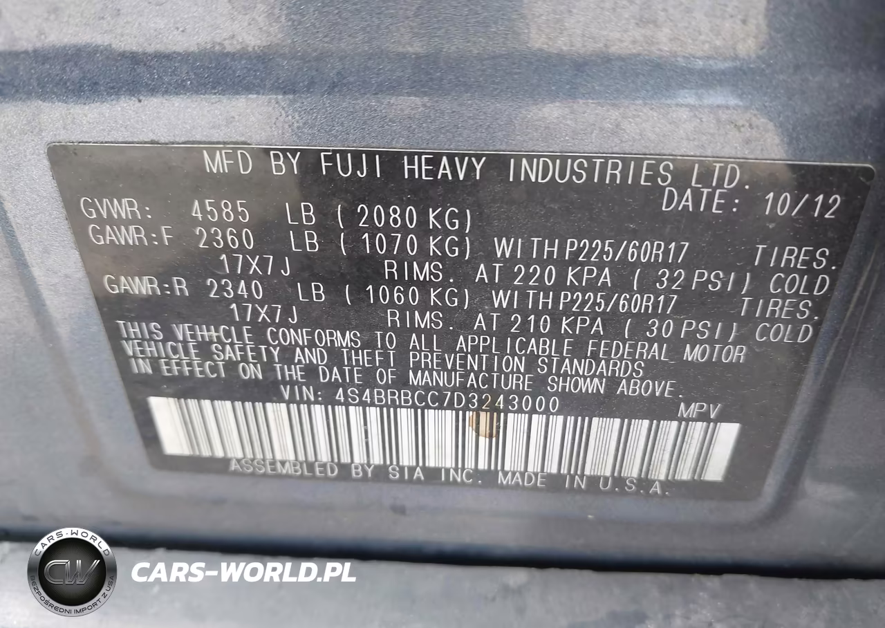 2013 Subaru Outback 2.5I Premium VIN:4S4BRBCC7D3243000 - 9