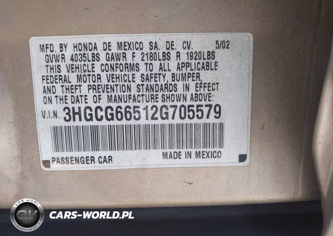2002 Honda Accord 2.3 Lx VIN:3HGCG66512G705579 - 9