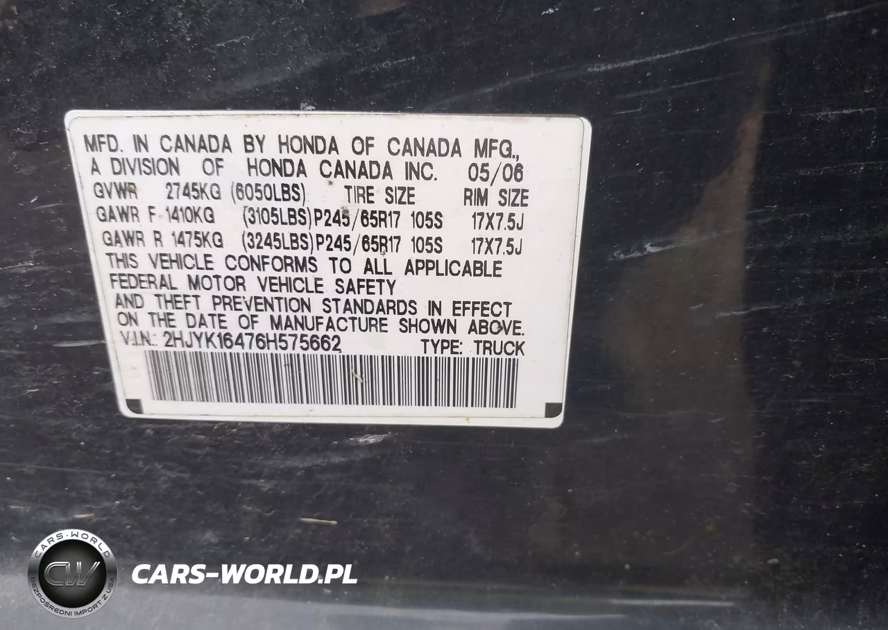 2006 Honda Ridgeline Rts VIN:2HJYK16476H575662 - 9