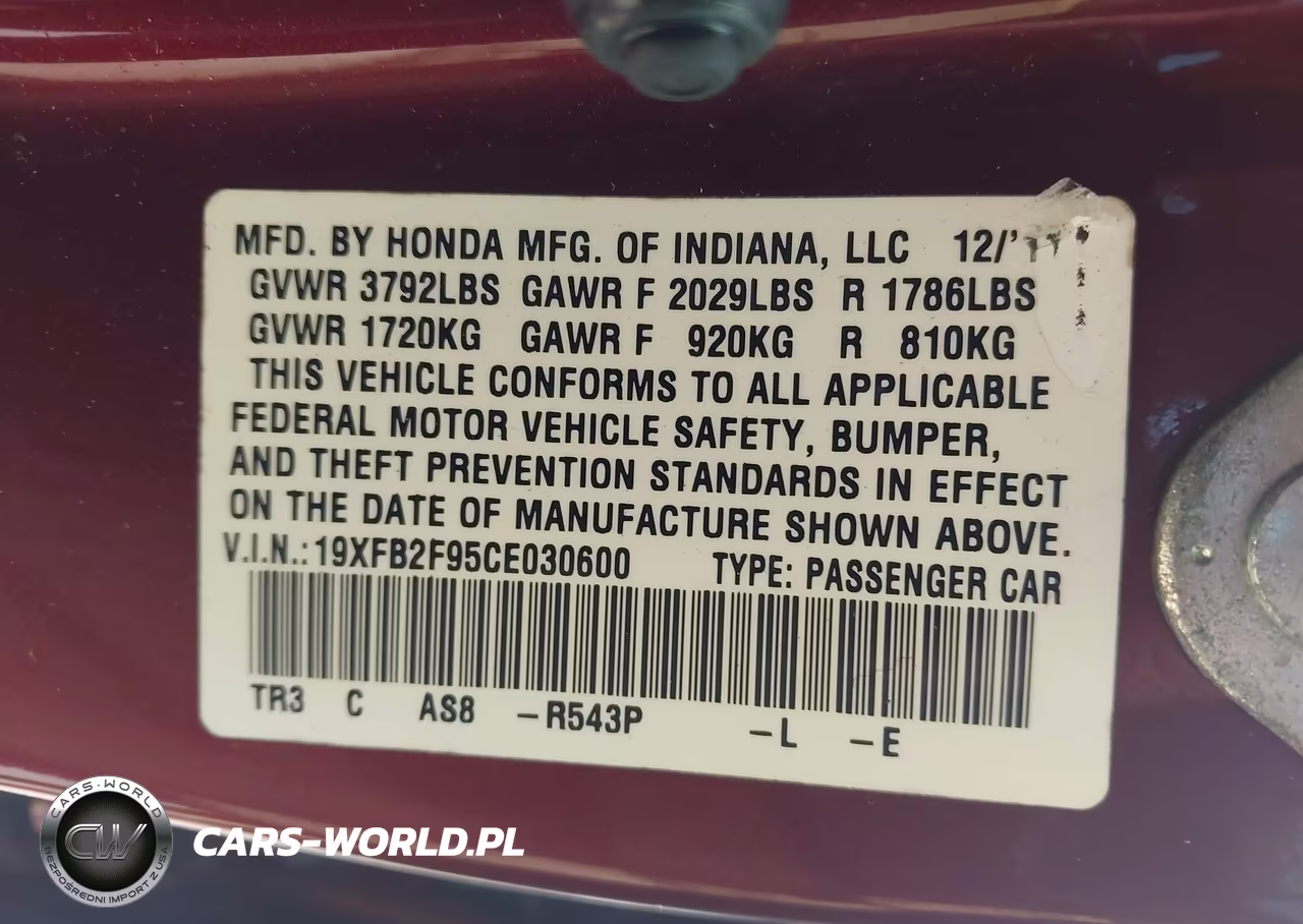 2012 Honda Civic Ex-L VIN:19XFB2F95CE030600 - 9