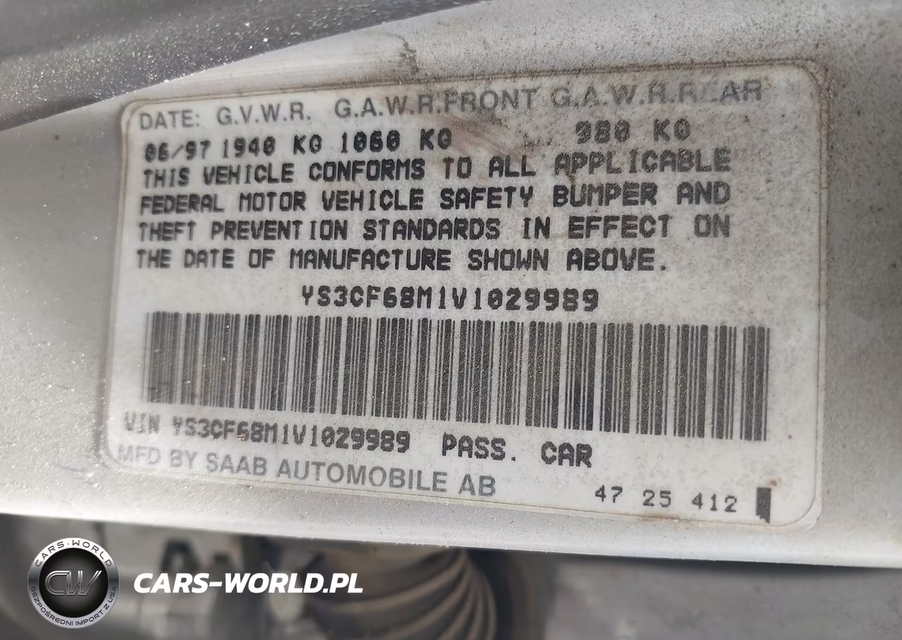 1997 Saab 9000 Cse VIN:YS3CF68M1V1029989 - 9