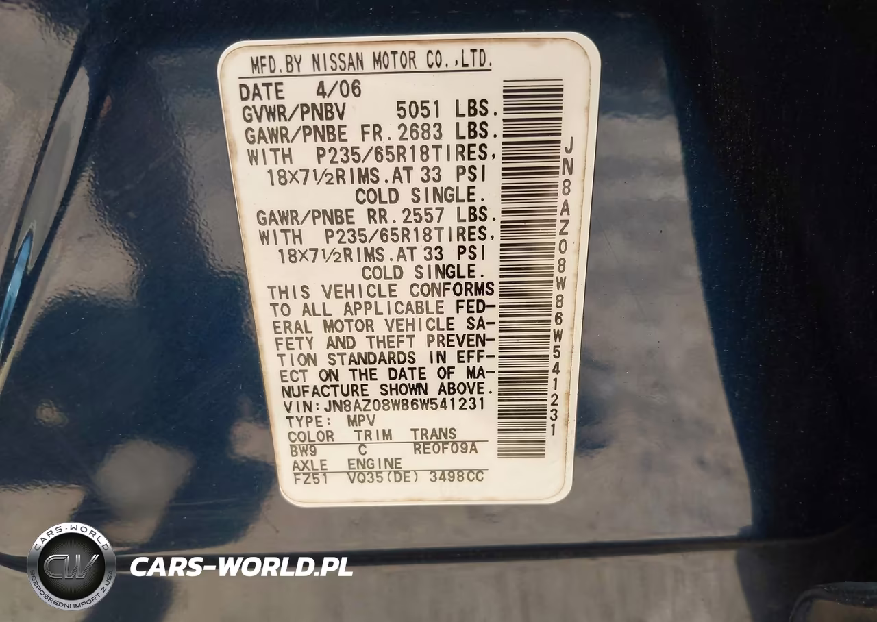 2006 Nissan Murano Sl VIN:JN8AZ08W86W541231 - 9