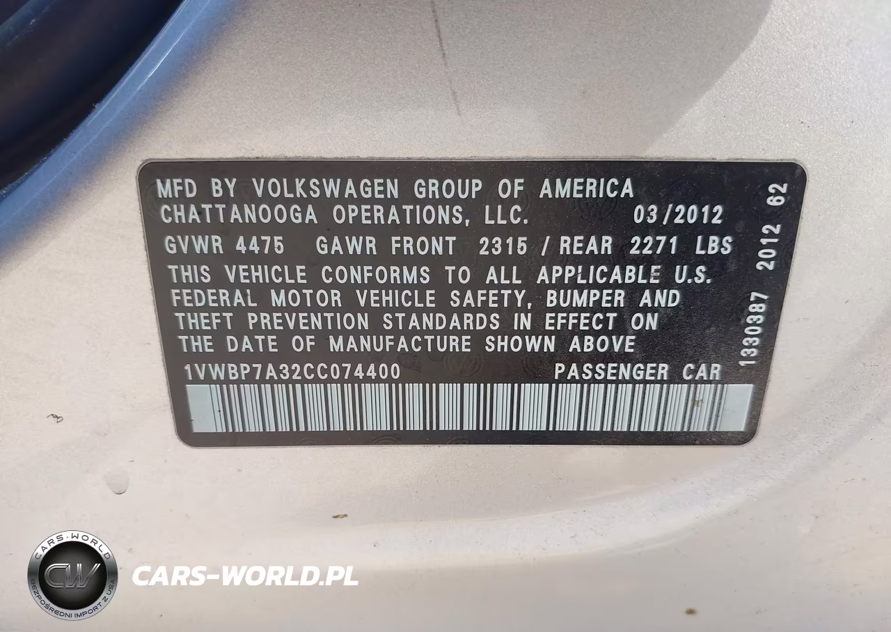 2012 Volkswagen Passat 2.5L Se VIN:1VWBP7A32CC074400 - 9