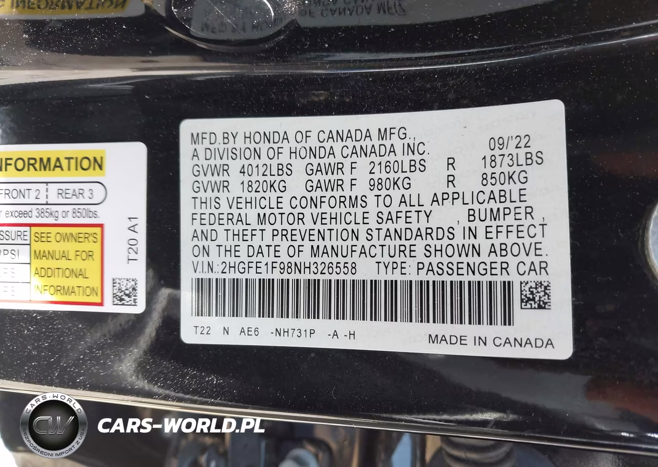 2022 Honda Civic Touring VIN:2HGFE1F98NH326558 - 9