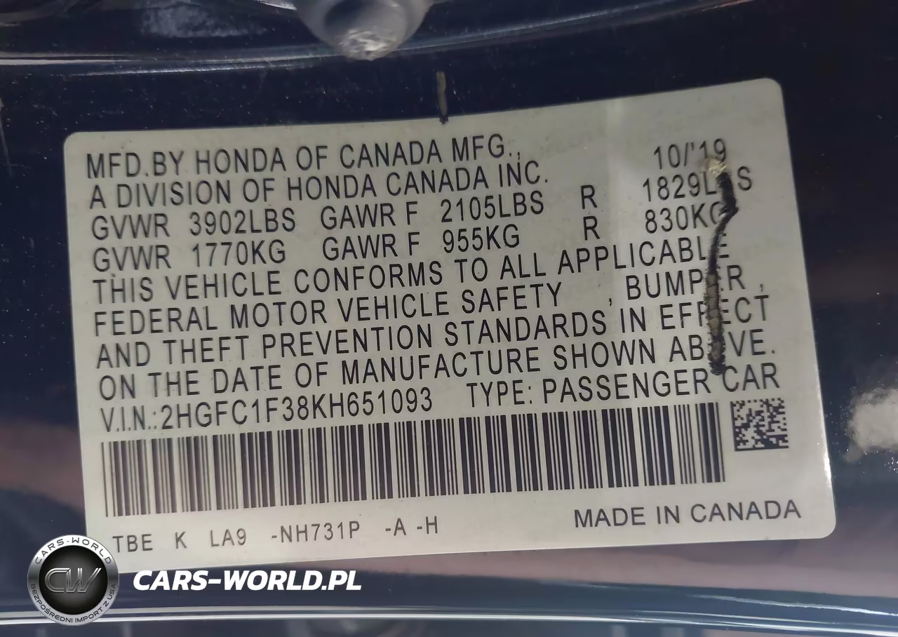 2019 Honda Civic Ex VIN:2HGFC1F38KH651093 - 9
