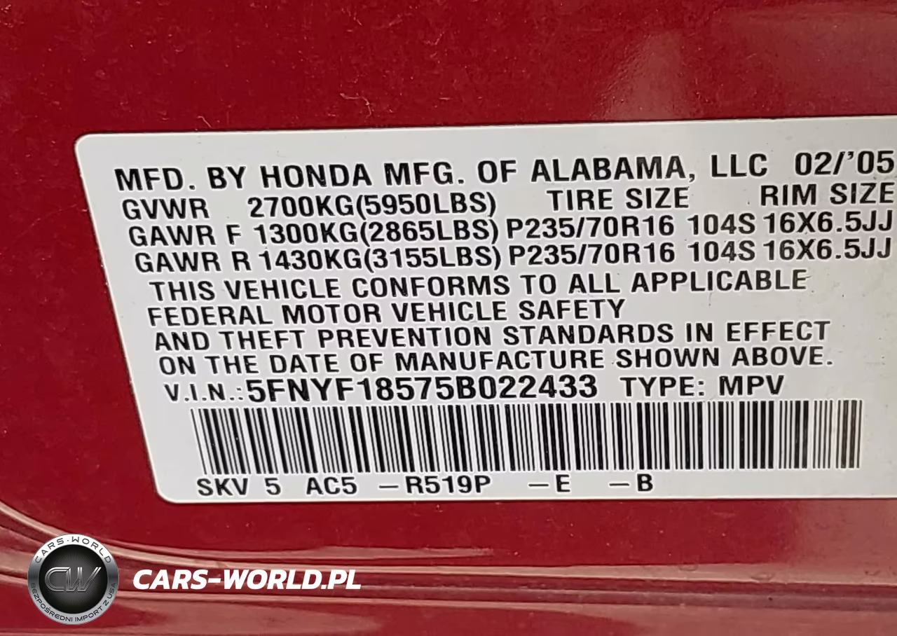 2005 Honda Pilot Ex-L VIN:5FNYF18575B022433 - 9