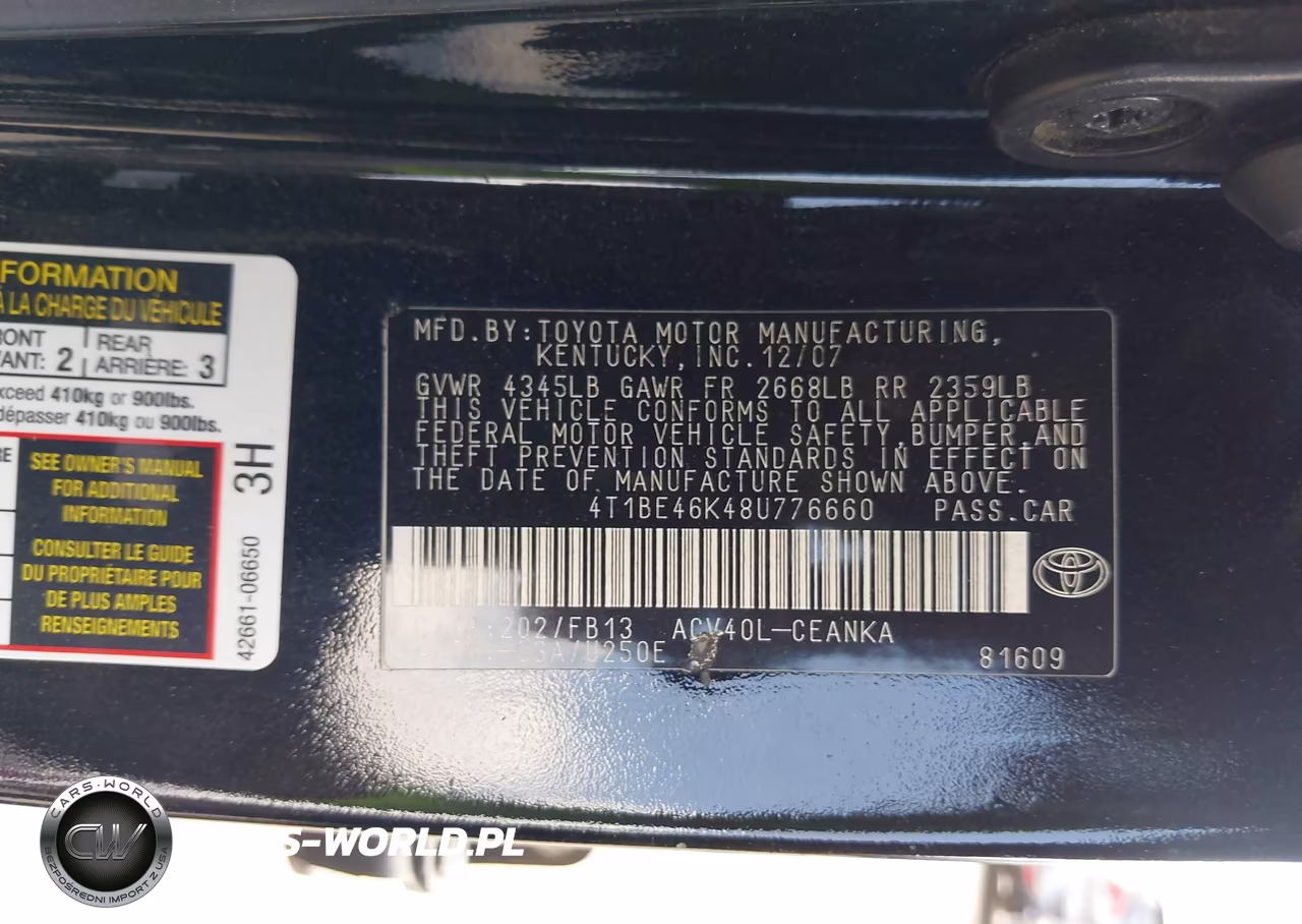2008 Toyota Camry Le VIN:4T1BE46K48U776660 - 9