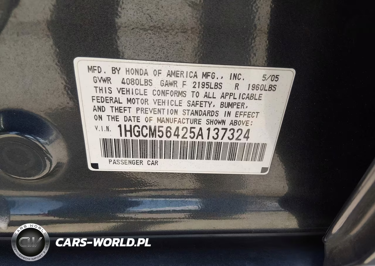 2005 Honda Accord 2.4 Lx VIN:1HGCM56425A137324 - 9