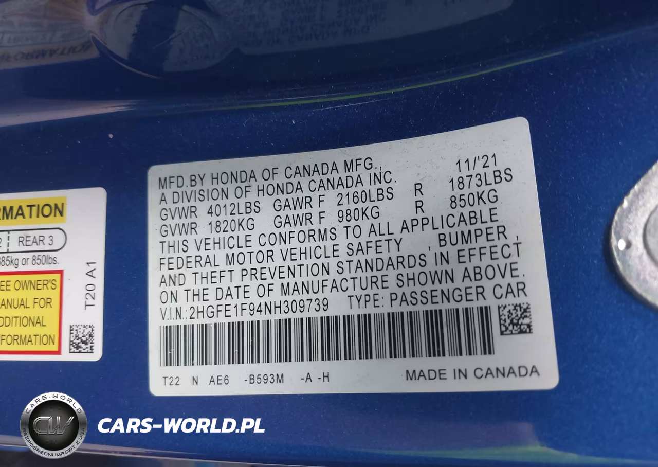 2022 Honda Civic Touring VIN:2HGFE1F94NH309739 - 9