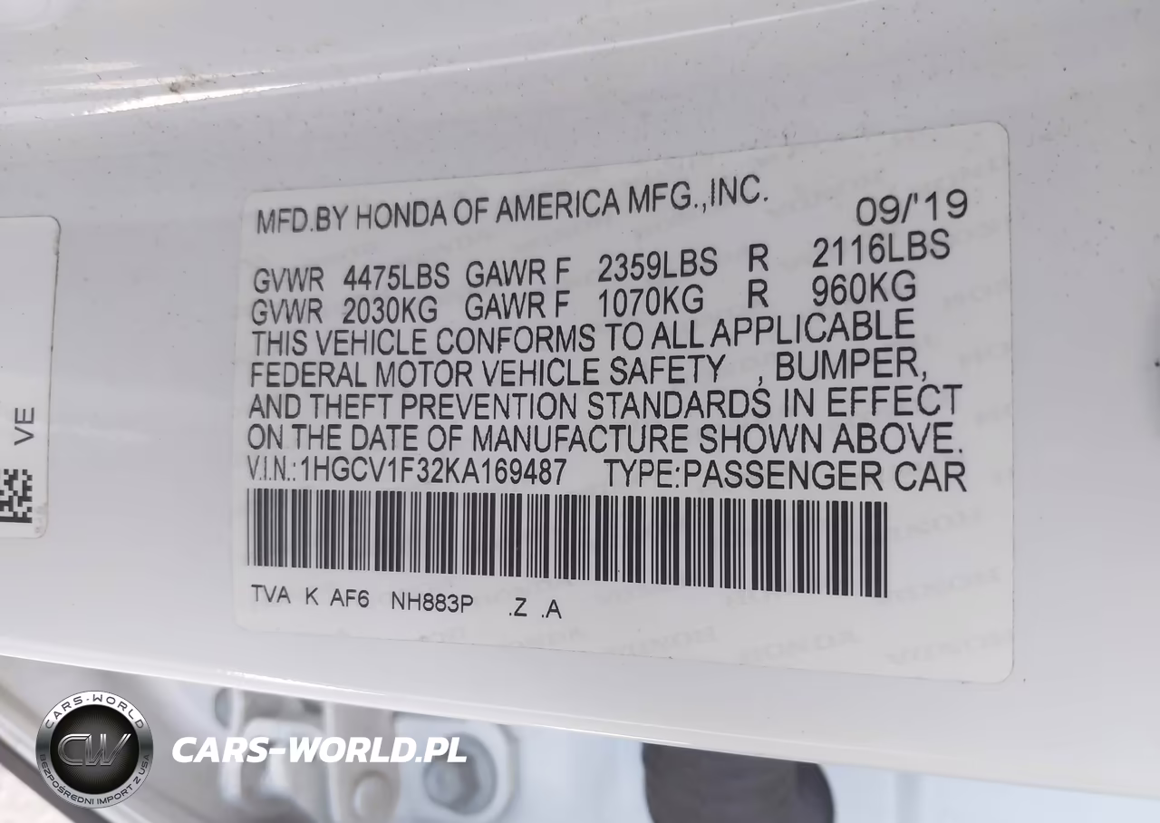 2019 Honda Accord Sport VIN:1HGCV1F32KA169487 - 9