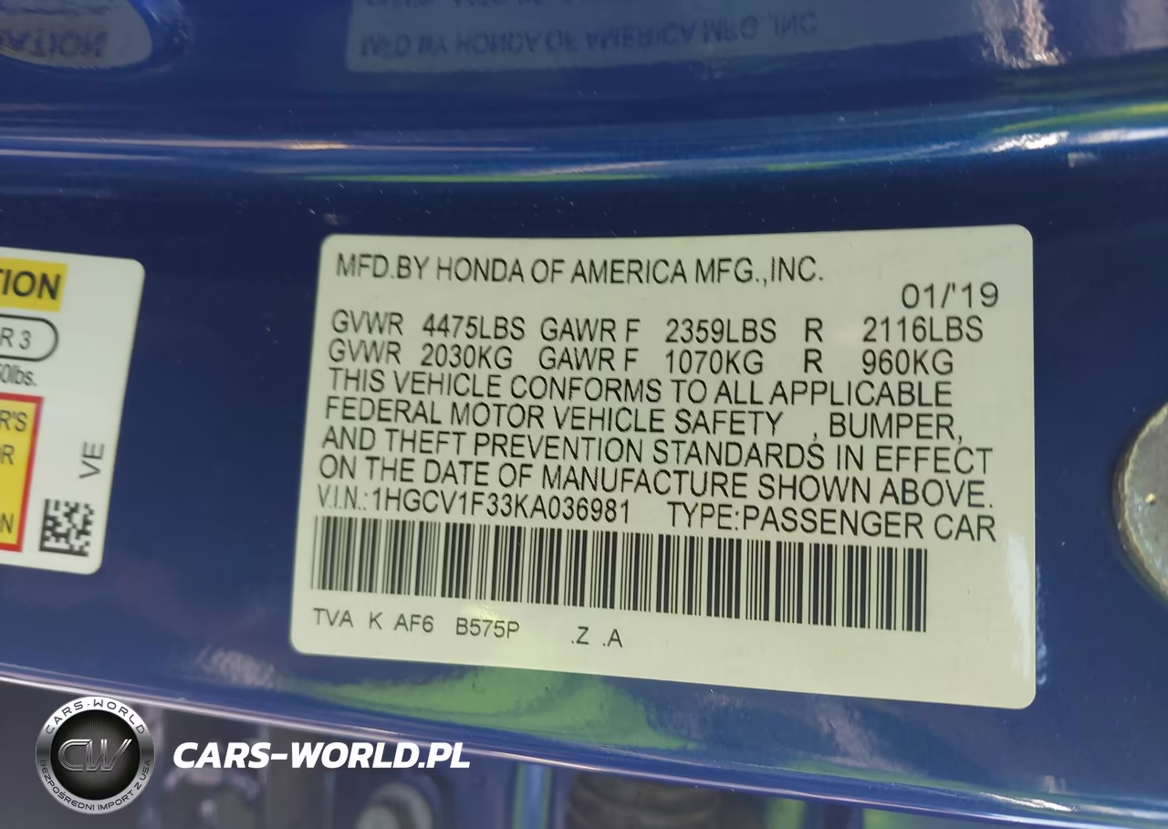 2019 Honda Accord Sport VIN:1HGCV1F33KA036981 - 9