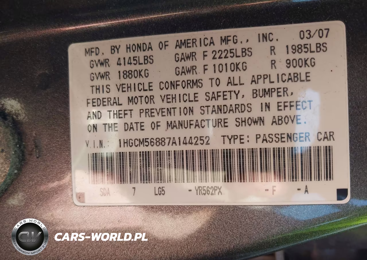 2007 Honda Accord 2.4 Ex VIN:1HGCM56887A144252 - 9