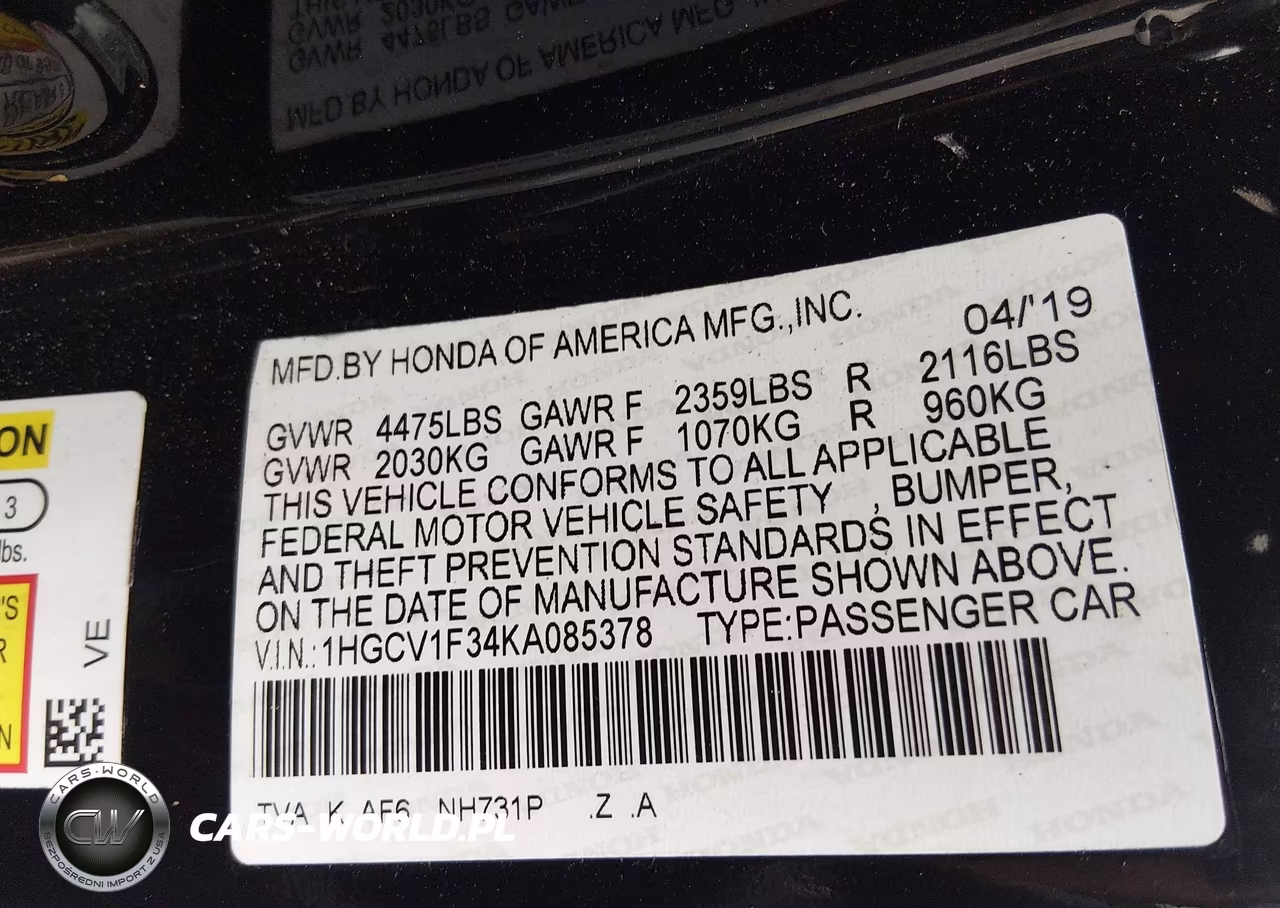 2019 Honda Accord Sport VIN:1HGCV1F34KA085378 - 9