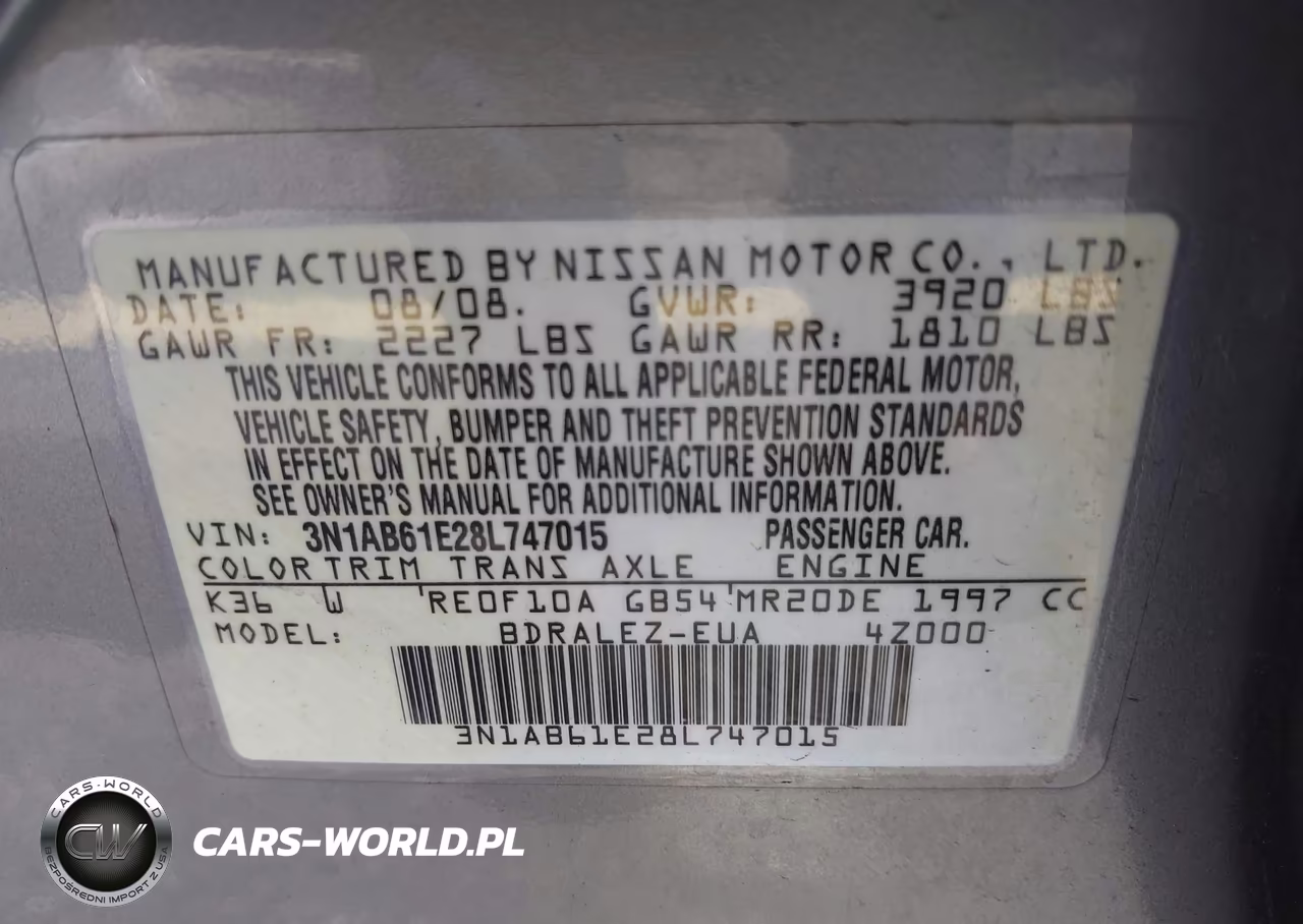 2008 Nissan Sentra 2.0 S VIN:3N1AB61E28L747015 - 9