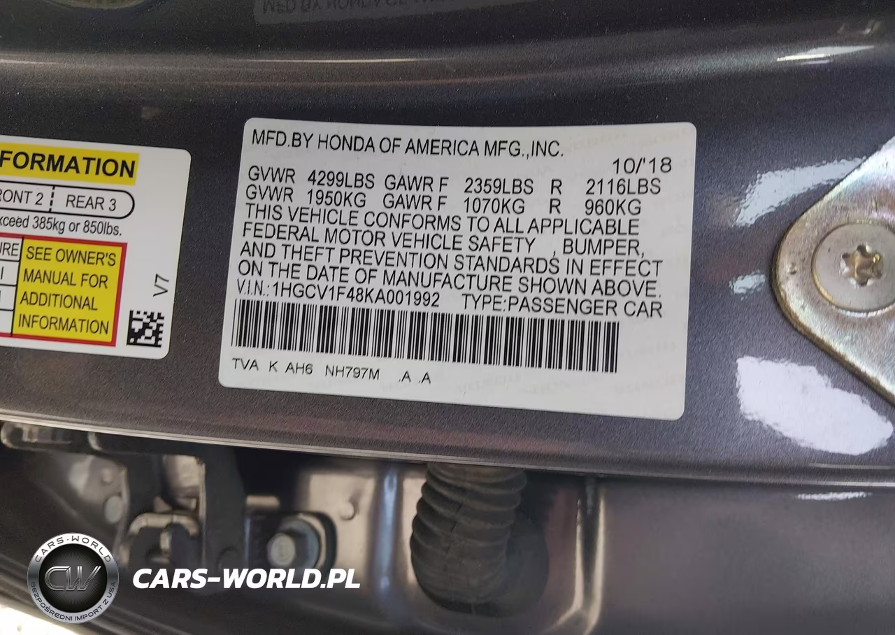 2019 Honda Accord Ex VIN:1HGCV1F48KA001992 - 9
