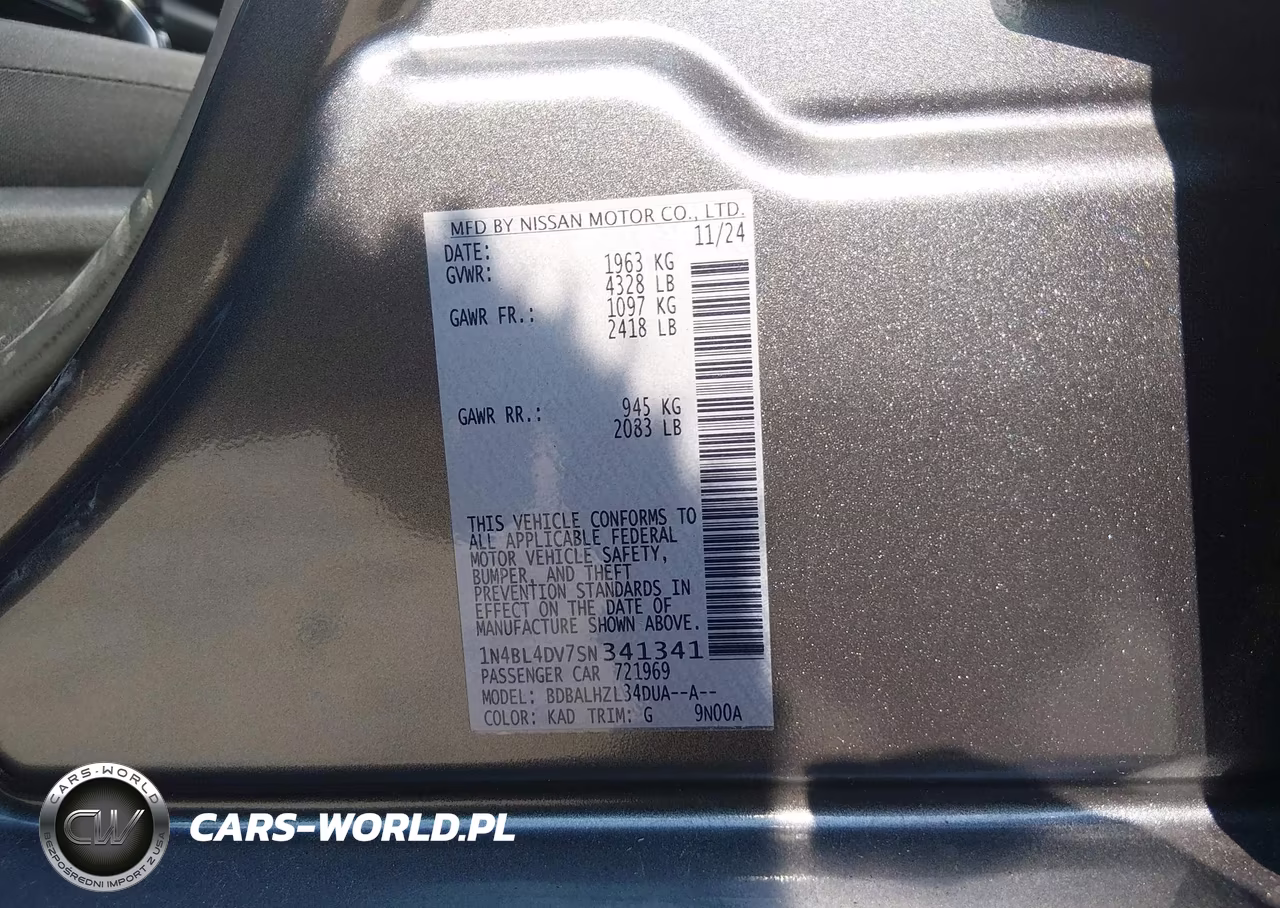 2025 Nissan Altima Sv Fwd VIN:1N4BL4DV7SN341341 - 9