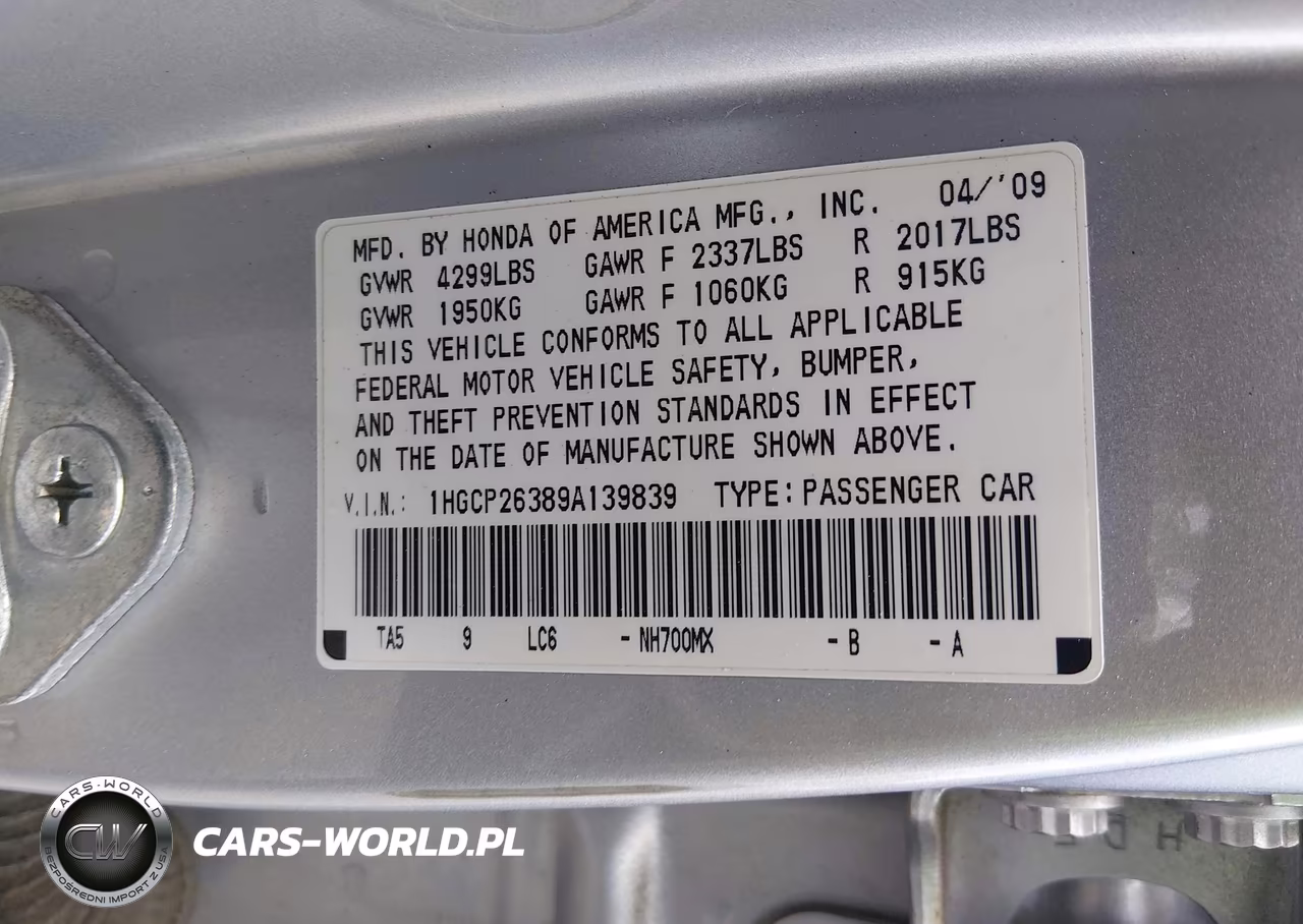 2009 Honda Accord 2.4 Lx VIN:1HGCP26389A139839 - 9