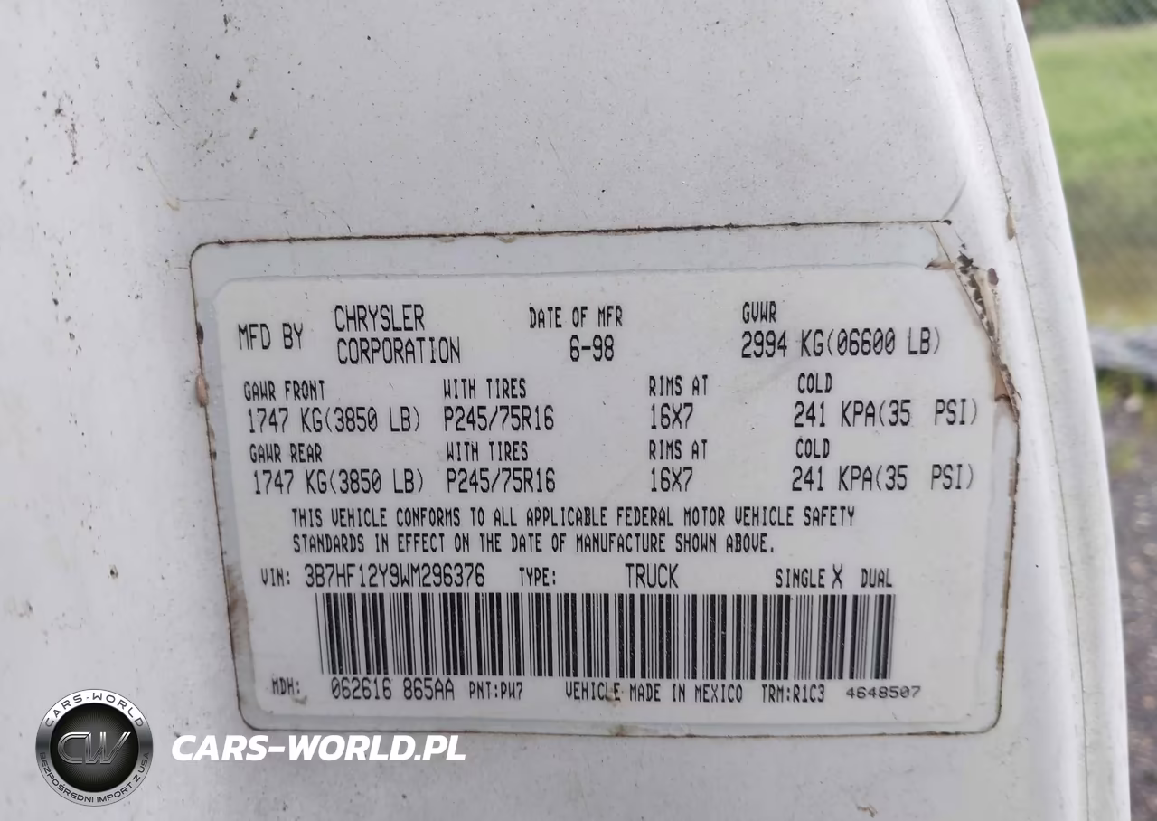 1998 Dodge Ram 1500 St VIN:3B7HF12Y9WM296376 - 9