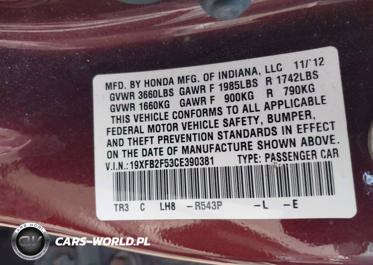 2012 Honda Civic Lx VIN:19XFB2F53CE390381 - 9