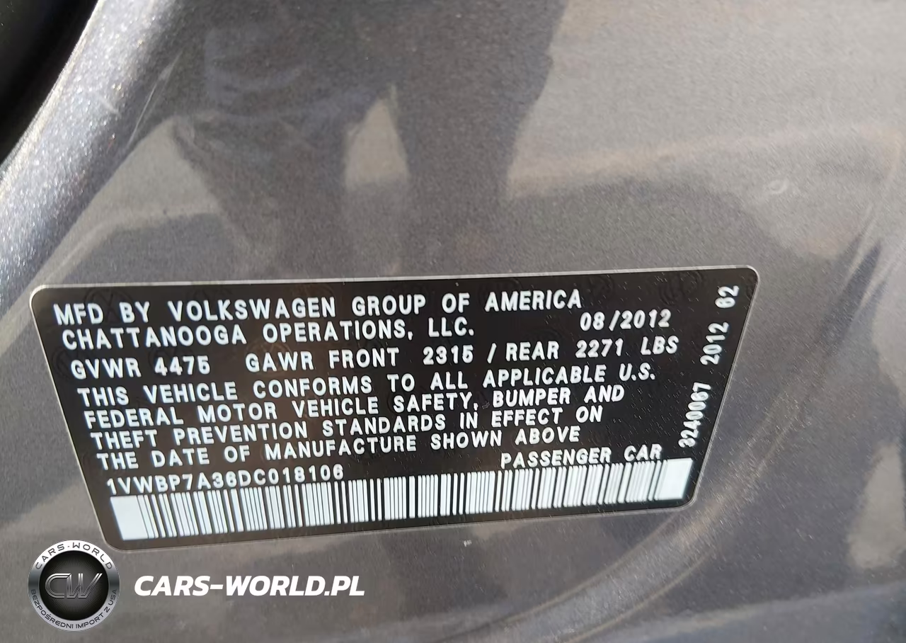 2013 Volkswagen Passat 2.5L Se VIN:1VWBP7A36DC018106 - 9