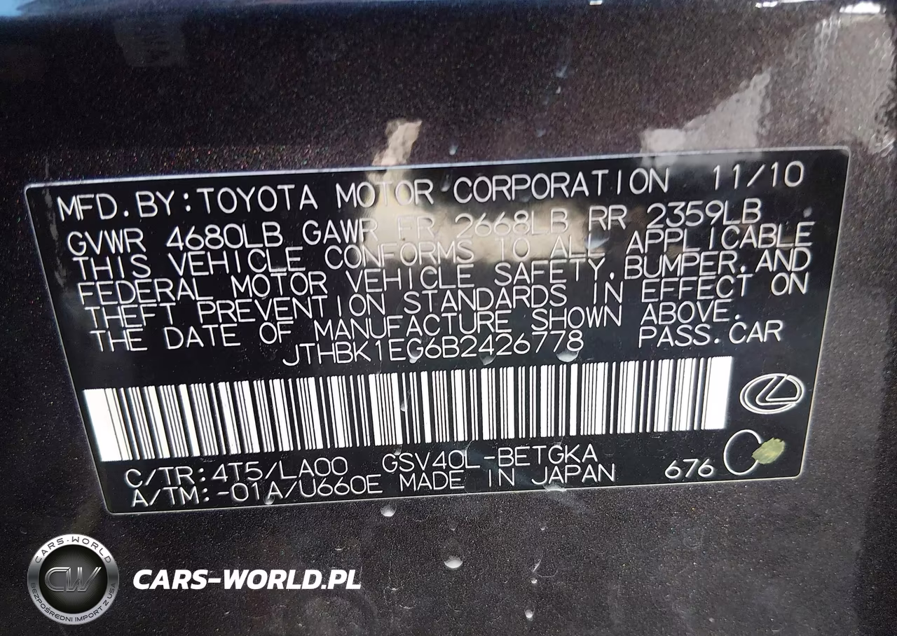 2011 Lexus Es 350 VIN:JTHBK1EG6B2426778 - 9