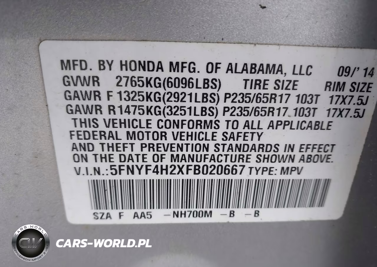2015 Honda Pilot Lx VIN:5FNYF4H2XFB020667 - 9