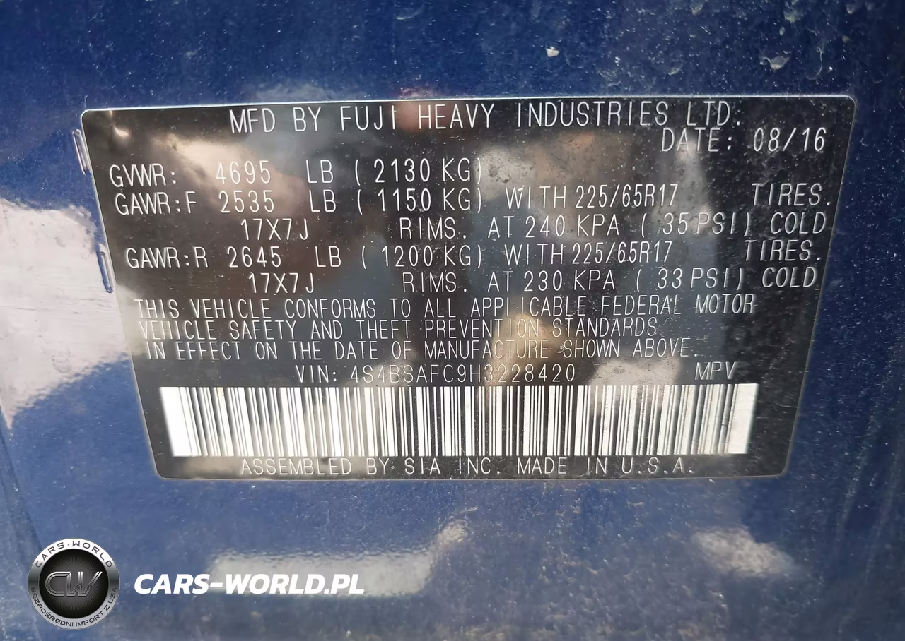 2017 Subaru Outback 2.5I Premium VIN:4S4BSAFC9H3228420 - 9