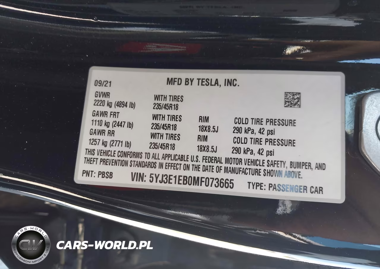 2021 Tesla Model 3 Long Range Dual Motor All-Wheel Drive VIN:5YJ3E1EB0MF073665 - 9