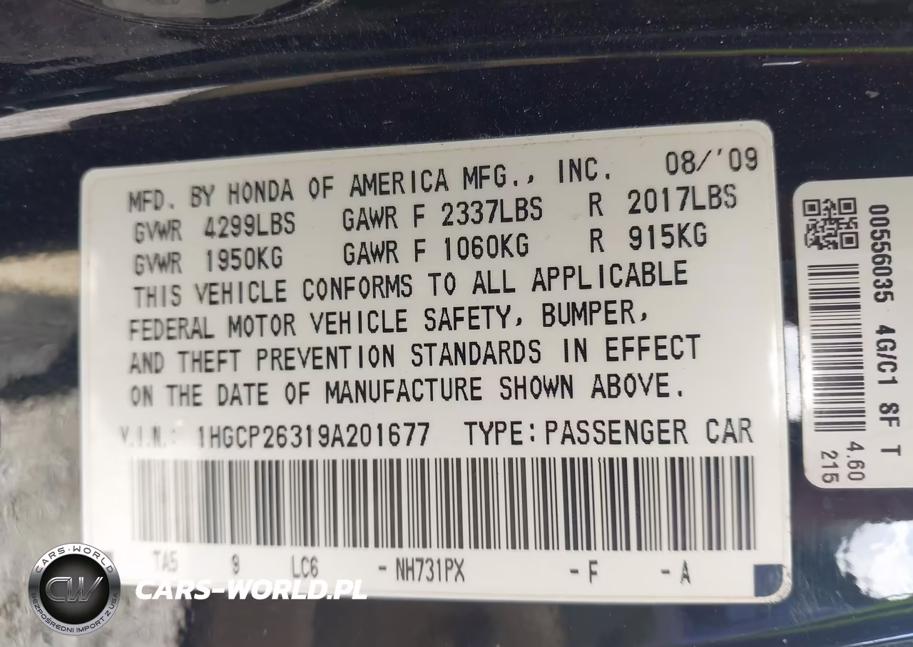 2009 Honda Accord 2.4 Lx VIN:1HGCP26319A201677 - 9