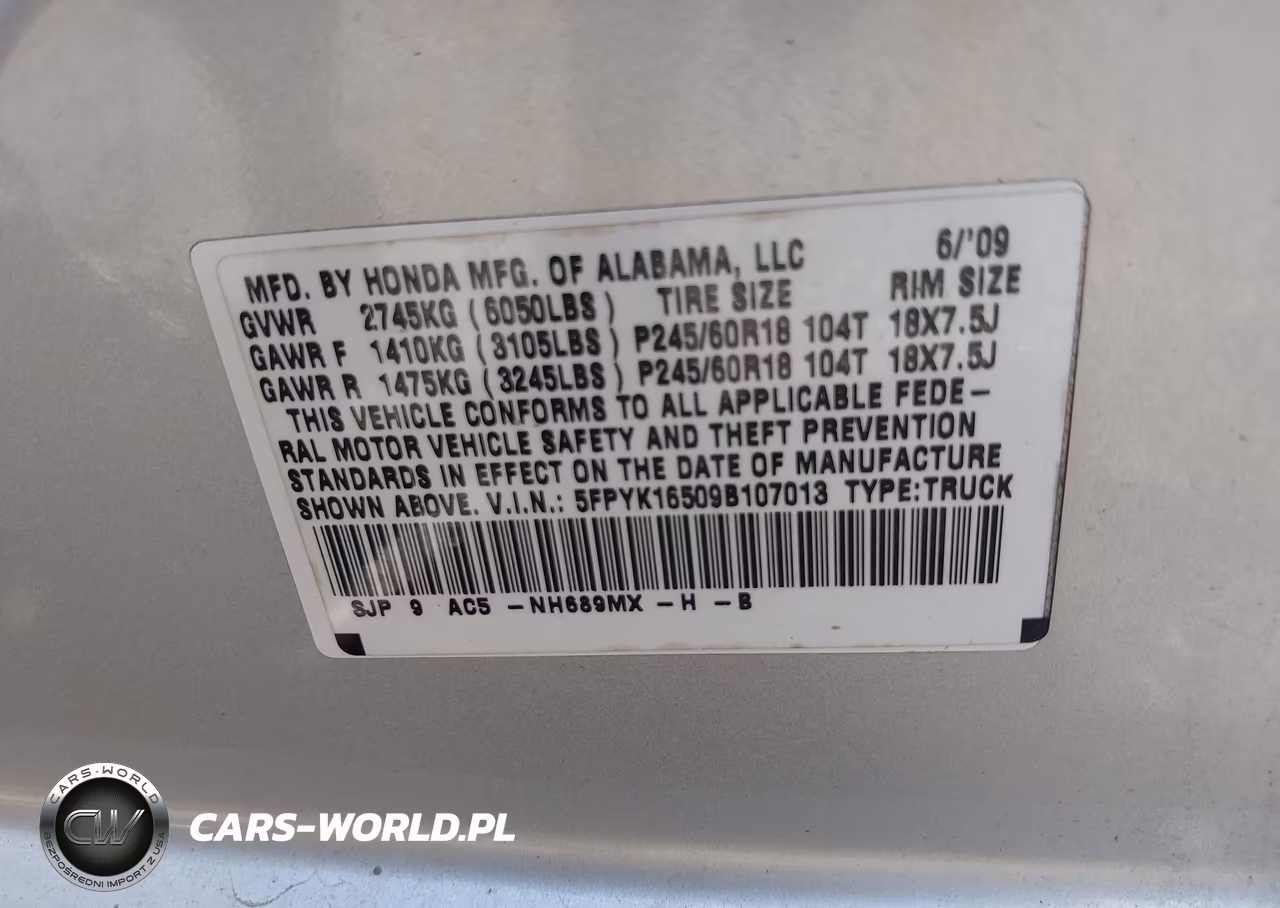 2009 Honda Ridgeline Rtl VIN:5FPYK16509B107013 - 9